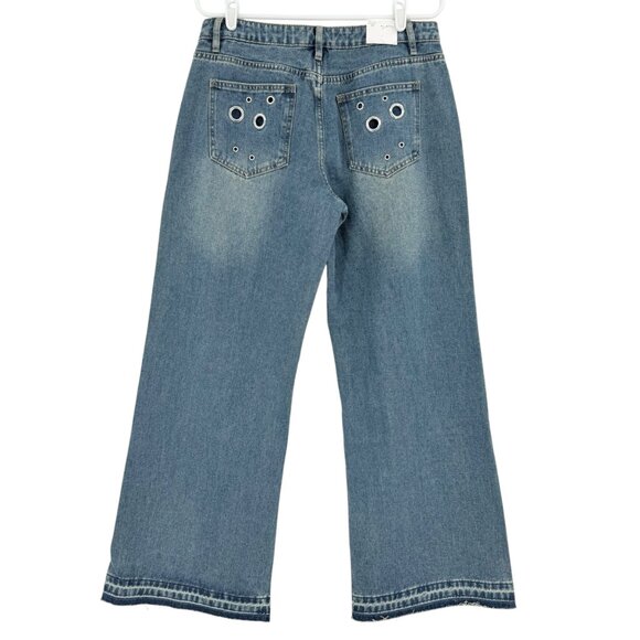 Cali 1850 Women's Wide-Leg Raw Hem Grommet Blue Denim Jeans Size 7/28 NWT - Picture 2 of 11